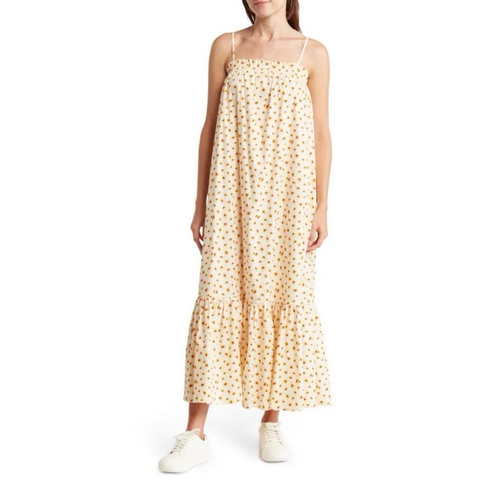 WeWoreWhat Poplin Smocked Midi Dress Ditsy Daisies Yellow/White M